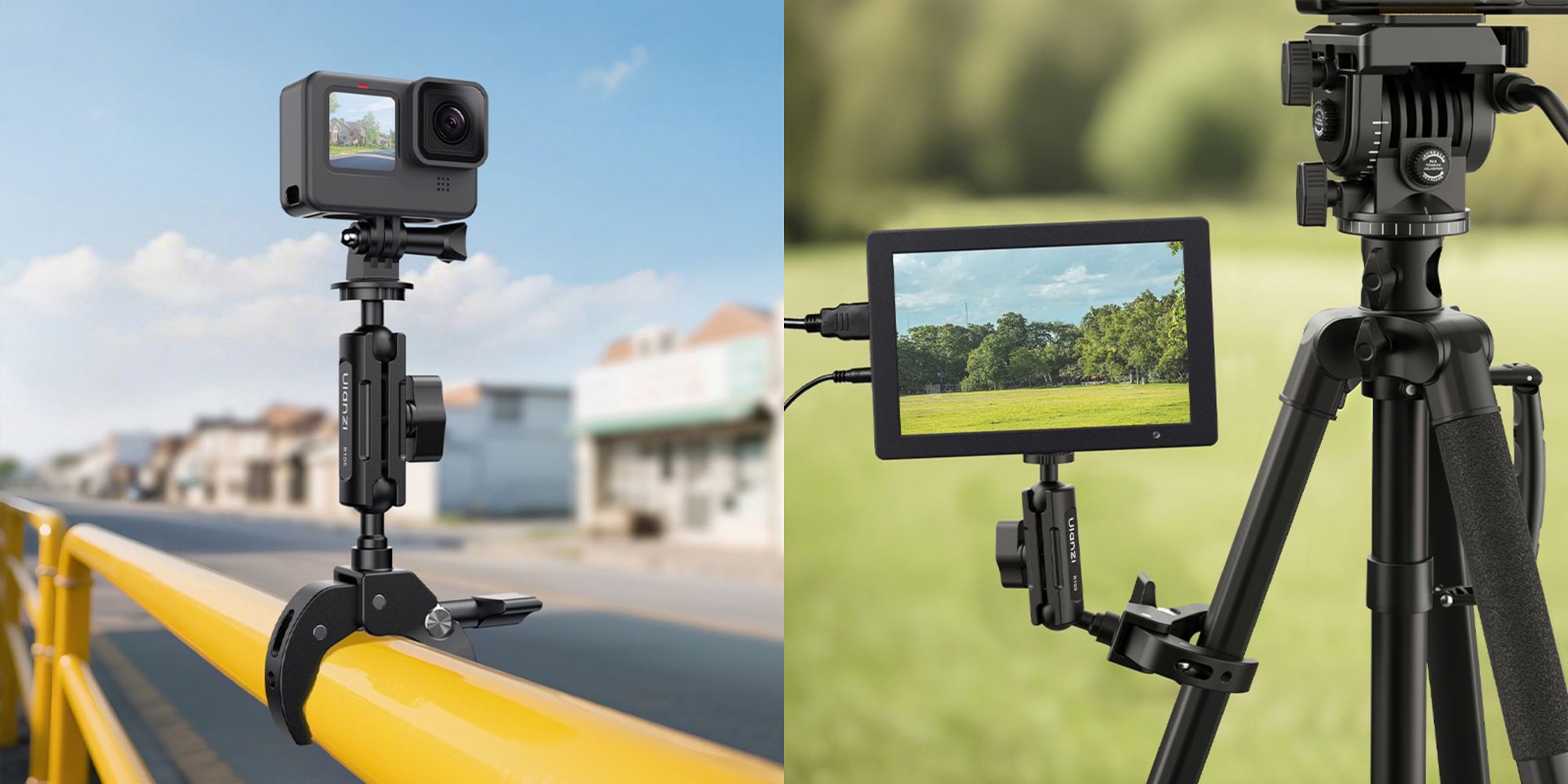 width=100% Ramię montażowe Ulanzi R105 z uchwytem Super Clamp na statywie i na barierce z kamerą oraz z ekranem podglądowym